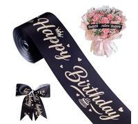WANDIC Nastro con scritta "Happy Birthday", 9,1 m x 5 cm, nastro glitterato nero e oro, con lettere di buon compleanno, nastro in poliestere per fai da te, decorazione per bouquet di fiori e