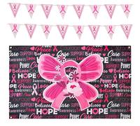 WANDIC Nastro rosa, 1,64 x 0,98 m, sfondo con nastro rosa e 16 striscioni per la sensibilizzazione sul cancro al seno, sfondo in poliestere con bandiere per decorazione per feste