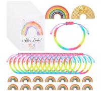 WANDIC Set di 15 braccialetti dell'amicizia arcobaleno con spille e biglietti, braccialetti intrecciati a mano regolabili per festival e spille colorate, idea regalo per amicizia e amore