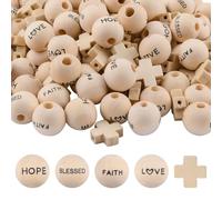 WANDIC Set di 150 perline cristiane in legno, rosario con croce e scritta in lingua inglese "Love Hope Blessed Faith", per decorare le pareti della casa, da appendere, fai da te