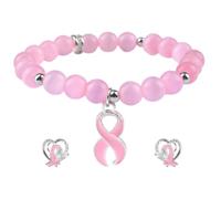 WANDIC Set di orecchini e braccialetto con nastro rosa, gioielli per la sensibilizzazione sul cancro al seno, braccialetto in corda elastica e orecchini cavi, gioielli ispiratori per sopravvissuti