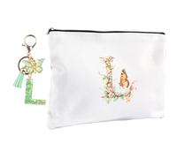 WANDIC Set portachiavi personalizzato e borsa per cosmetici, lettera L, farfalla portachiavi e borsa per il trucco, regalo individuale per damigelle d'onore, donne