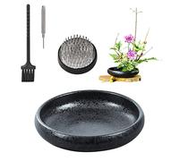 WANDIC - Vaso da Fiori Rotondo in Ceramica Ikebana con 4 cm Kenzan a Forma di Rana per composizioni Floreali per la casa, Colore: Nero