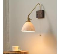 Wandleuchte mit Schwenkarm und milchweißem Glas, moderne Wandlampe aus der Mitte des Jahrhunderts, Zugkette, geripptes Glas, rustikale Bauernhaus-Wandlampe aus Holz für Schlafzimmer, Nachttisch, Kopft