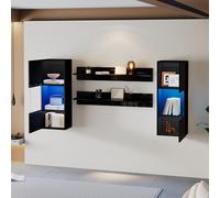 Wandregal 4er sett, LED-Wandschrank e 2 Regale - Smarte APP-gesteuerte Beluechtung, Hochglanzoberfläche e Türen aus gehärtetem Glas, für Wohnzimmer, TV-kompatibel, TV-Schrank-Set (Nero)