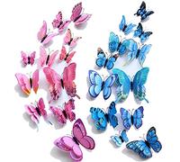 WandSticker4U®- [24 pezzi] FARFALLE 3D decorative rosa/blu con DOPPIA ALA e MAGNETEI I Decorazioni farfalle per tavolo compleanno torte mobili frigorifero regalo I Adesivi farfalle 3D pareti grandi