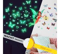WandSticker4U®- [71 pezzi] Adesivi murali bambina fluorescenti FATINE & FARFALLA I Adesivi luminosi per cameretta fate farfalla stelle I Decorazioni parete camera da letto bambina luminosi al buio