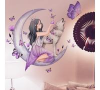 WandSticker4U®- Adesivi murali BAMBINA sulla LUNA lilla/viola (70x75 cm) I Adesivi parete cameretta ragazza principessa lupo notte farfalle I Sticker muro decorazioni parete cameretta bambina XXL