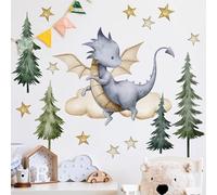 WandSticker4U®- Adesivi murali bambini DRAGO e BOSCO blu grande (109x53 cm) I Adesivi parete cameretta drago blu stelle nuvole dino I Decorazioni parete cameretta bimbo sticker muro neonato bambini