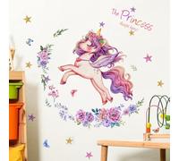 WandSticker4U®- Adesivi murali UNICORNO bambina "La principessa dorme qui" (72x59 cm) I Adesivi unicorno bambina da parete fiori fata stelle I Sticker muro decorazioni parete cameretta bimba XXL