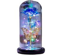 WANGSHAOWEI Rosa Eterna Rosa di Vetro, Fiore Artificiale eterno della Rosa for Sempre con luci a Farfalla nella Cupola for Decorazioni Nozze Natale, San Valentino(Gold Blue)
