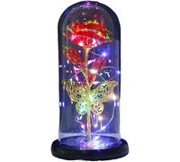 WANGSHAOWEI Rosa Eterna Rosa di Vetro, Fiore Artificiale eterno della Rosa for Sempre con luci a Farfalla nella Cupola for Decorazioni Nozze Natale, San Valentino(Gold Red)