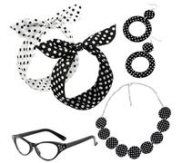 WangVipfei Set di 5 accessori da donna Rockabilly, anni '50, accessori per feste a tema, eventi rock'n'roll e servizi fotografici retrò, con occhiali, collana, orecchini e elastici per capelli