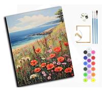 WANGXIAO Dipingere da numeri per adulti, pittura con numeri con pennelli e dipinti, pittura a olio fai da te per la casa regalo, 40 x 50 cm, fiori selvatici fioriscono accanto al mare, con cornice