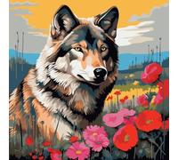 WANGXIAO Pittura dai Numeri per Adulto,Kit di pittura al numero con pennelli pittura di disegno di pigmento acrilico,tempo libero creativo,40x40cm,Lupo dei campi di fiori,Con cornice