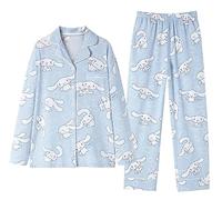 WANHONGYUE Kawaii Cinnamoroll Pigiama Donna Ragazza Lungo Due Pezzi Maglietta Manica Lunga e Pantalone Lungo Set di Pigiama Camicie da Notte Abbigliamento per La Casa Blu-1 M