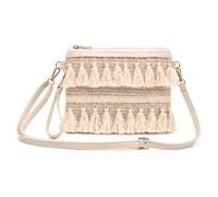 WANIXIA Borsa Crossbody Boho Intrecciata con Nappe e 2 Tracoll | 3 Modi di Indosso, Chiusura Zip Metallo, 21×16 cm, Beige Crema, Tasca Interna