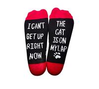 Wansruee Calzini divertenti con scritta "I can t get right now, the cat is on my lap", per gli amanti dei gatti, nero e rosso, Taglia unica