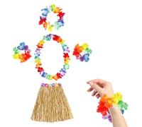 WANTUSHUI Costume hawaiano, 4 pezzi, costume hawaiano, da donna, con gonna rafia, stile hawaiano, per feste a tema, garland hawaiano