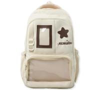 WANWEN Kawaii Ita Backpack Japanese Style Large Nylon Backpack with Clear Display Window Star Aesthetic, Ita Pin Bags Includes a Badge Card and a Star Plush Charm (Beige)