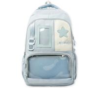 WANWEN Kawaii Ita Backpack Japanese Style Large Nylon Backpack with Clear Display Window Star Aesthetic, Ita Pin Bags Includes a Badge Card and a Star Plush Charm (Blue)