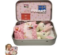 WANWEN Little Pocket Bunny, Mini Bunny Hug in a Tin Box, Easter Basket Stuffer, DIY Pet Bunnies Adoption Plush, Mini Plush House, Easter Baskets Decorative Boxes, Gifts for Kids (Pink)