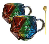 WANWEN Rainbow D20 Dice Mug, Polyhedral Dice Coffee Cup with Handle, Transparent Glass Game Mug for RPG Lovers, Game Night Mugs Gift for Fantasy Lovers