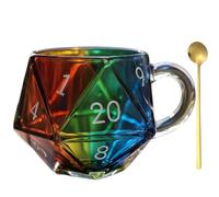 WANWEN Rainbow D20 Dice Mug, Polyhedral Dice Coffee Cup with Handle, Transparent Glass Game Mug for RPG Lovers, Game Night Mugs Gift for Fantasy Lovers