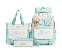 WANWEN School Backpack Set, 3PCS Large Capacity Girls Backpack with Tote Bag & Pencil Case, Cute Kawaii Rucksack Set Aesthetic School Bag for Elementary Middle School Students (Blue)
