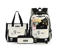 WANWEN School Backpack Set, 3PCS Large Capacity Girls Backpack with Tote Bag & Pencil Case, Cute Kawaii Rucksack Set Aesthetic School Bag for Elementary Middle School Students (Black)