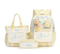 WANWEN School Backpack Set, 3PCS Large Capacity Girls Backpack with Tote Bag & Pencil Case, Cute Kawaii Rucksack Set Aesthetic School Bag for Elementary Middle School Students (Yellow)
