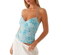 WANWEN Women Y2K Sequin Cami Top Sexy V Neck Open Back Criss Cross Straps Beaded Sequin Halter Top Womens Glitter Sexy Deep V Neck Beaded Halter (BLUE,S)