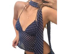 WANWEN Y2k Polka DOT Tank Top for Women Spaghetti Strap V Neck Cami Tank Scarf Tops Sleeveless Backless Crop Cami Coquette Halter Clothes Going out Tops (Blue,S)