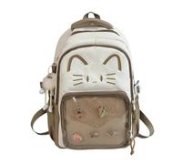 WANWEN Zaino Ita con simpatico gatto kawaii e porta spille, zaino trasparente con stampa di gatto in stile Y2k, borsa da viaggio con ciondolo di peluche e 5 distintivi (Brown)