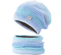 WANYIG Cappello Donna Invernali Beanie in Maglia con Sciarpa 2 Pezzi Berretto in Maglia con Fodera in Pile 56-60CM(Sfumato Blu)