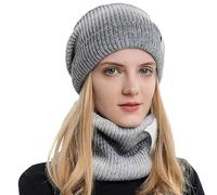 WANYIG Cappello Donna Invernali Beanie in Maglia con Sciarpa 2 Pezzi Berretto in Maglia con Fodera in Pile 56-60CM(Sfumato Grigio)