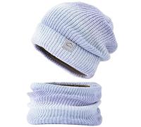 WANYIG Cappello Donna Invernali Beanie in Maglia con Sciarpa 2 Pezzi Berretto in Maglia con Fodera in Pile 56-60CM(Sfumato Viola)