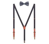 WANYING Bretelle Larghezza 2cm & Papillon Set per Unisex Adulto Adolescente, Forma Y Retro PU Pelle Bretelle con 3 Come L'ottone Clip, Elastiche Regolabili - Grigio scuro