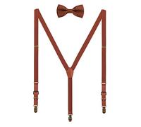 WANYING Bretelle Larghezza 2cm & Papillon Set per Unisex Adulto Adolescente, Forma Y Retro PU Pelle Bretelle con 3 Come L'ottone Clip, Elastiche Regolabili - Marrone
