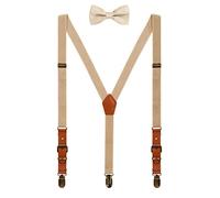 WANYING Bretelle Larghezza 2cm & Papillon Set per Unisex Adulto Adolescente, Forma Y Retro PU Pelle Bretelle con 3 Come L'ottone Clip, Elastiche Regolabili - Beige