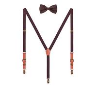 WANYING Bretelle Larghezza 2cm & Papillon Set per Unisex Adulto Adolescente, Forma Y Retro PU Pelle Bretelle con 3 Come L'ottone Clip, Elastiche Regolabili - Marrone scuro