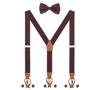 WANYING Set di bretelle e papillon da uomo, 2 WAY TO Wear 6 asole in pelle 3 fermagli Forma a Y 3,5 cm di larghezza bretelle estese per statura 160-200cm - Tinta unita Marrone scuro