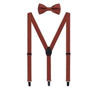 WANYING Set di Bretelle e Papillon per Donna Uomo Adolescenti, Forma di Y Larghe 2,5 cm Bretelle con 3 Nere Clip Elastico e Regolabile per Statura 1,5-2,0m - Tinta Unita Marrone retrò