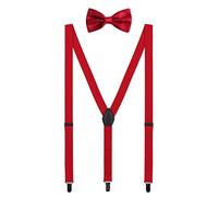 WANYING Set di Bretelle e Papillon per Donna Uomo Adolescenti, Forma di Y Larghe 2,5 cm Bretelle con 3 Nere Clip Elastico e Regolabile per Statura 1,5-2,0m - Tinta Unita Rosso
