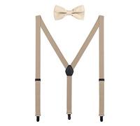 WANYING Set di Bretelle e Papillon per Donna Uomo Adolescenti, Forma di Y Larghe 2,5 cm Bretelle con 3 Nere Clip Elastico e Regolabile per Statura 1,5-2,0m - Tinta Unita Beige