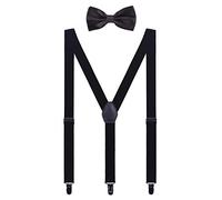 WANYING Set di Bretelle e Papillon per Donna Uomo Adolescenti, Forma di Y Larghe 2,5 cm Bretelle con 3 Nere Clip Elastico e Regolabile per Statura 1,5-2,0m - Tinta Unita Nero