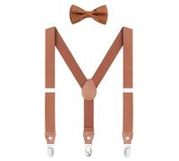 WANYING Set di papillon unisex per bambini, forma a Y, 3 clip, larghezza 2,5 cm, bretelle elastiche e papillon per 3 - 8 anni, colore marrone, Tinta unita marrone - con papillon, für Kinder 2-8 Jahre