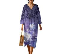 Wanyint Abito casual da donna in stile bohémien, con maniche a 3/4, scollo a V, lunghezza midi, vestibilità ampia, in poliestere, effetto lino, S-4XL, Viola Acquerello Lotus, 3XL