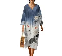 Wanyint Abito da donna a portafoglio con scollo a V, maniche a 3/4, lunghezza media, casual, vestibilità larga, boho, tunica prendisole, poliestere simile al lino, S-4XL, Blu Inchiostro Bianco Lotus