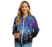 Wanyint Bomber da donna con cerniera, a maniche lunghe, stile Varsity, leggero, con tasche, per autunno e inverno, S-4XL, Notte stellata della foresta gal, S